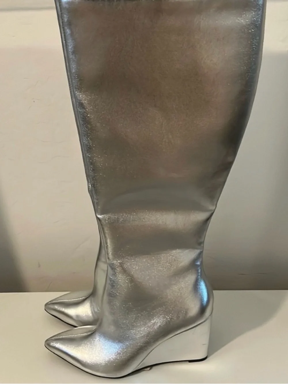 Open Edit Silver Pointed-Toe Knee-High Boots - Women's Fashion